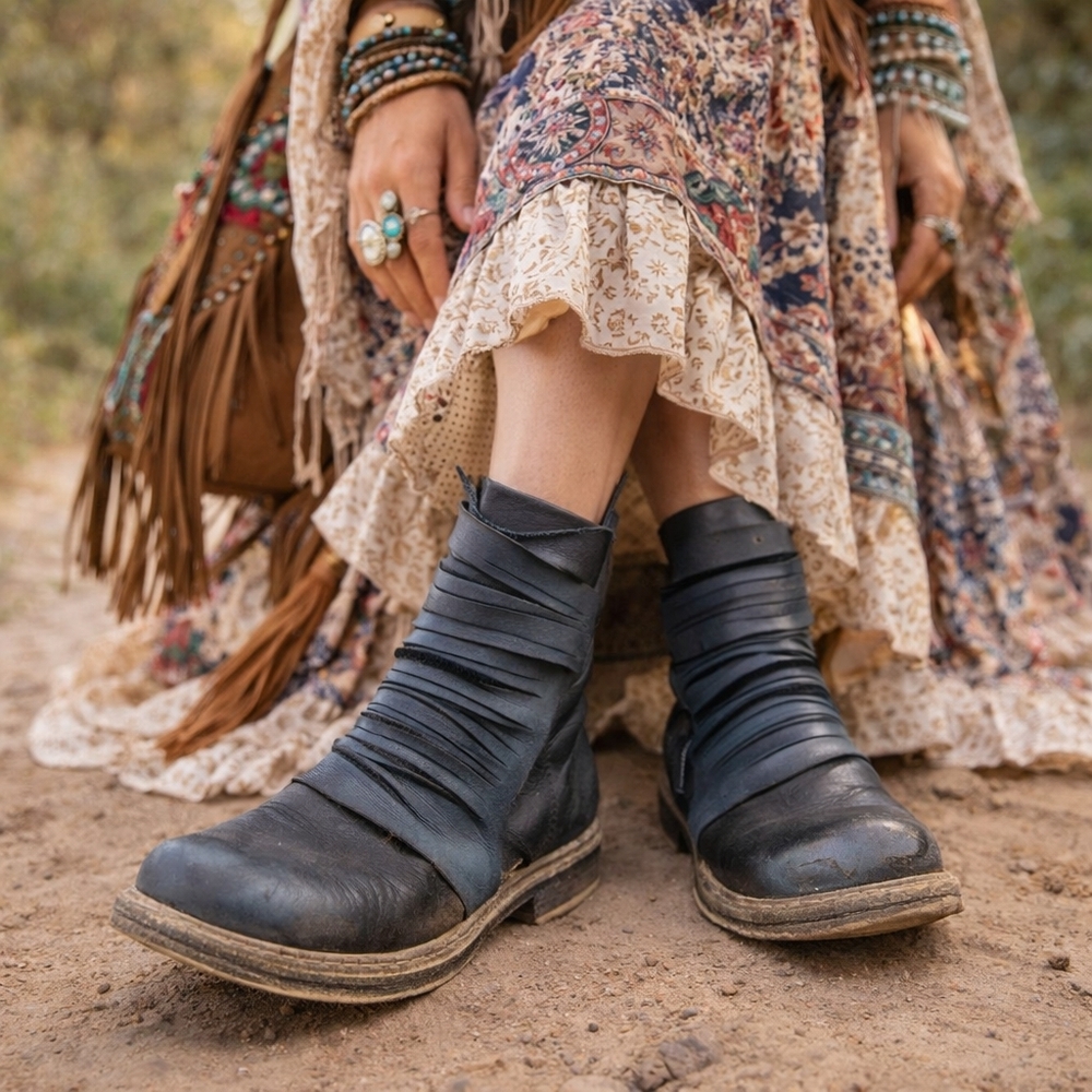 Maciejka Black Leather Combat Boots | Funky Ruched Ankle Booties EU Made